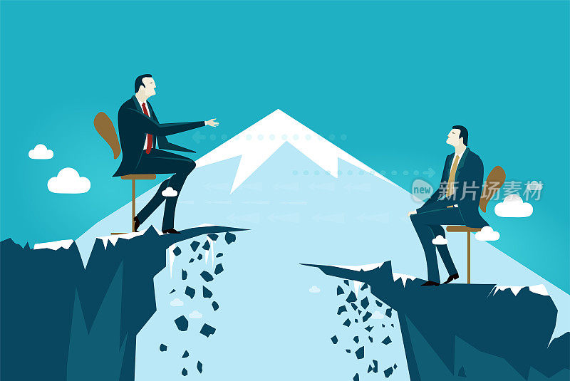 two leading businessmen talking on top on the mountain.两个主要的商人在山顶上交谈。商业概念的风险说明